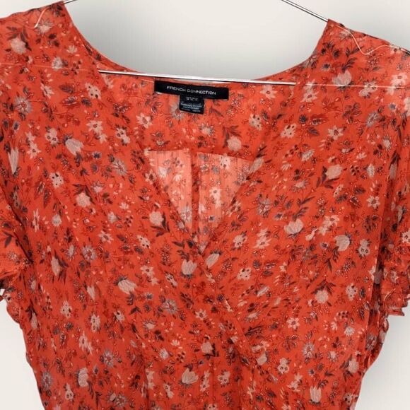 French Connection Midi Sz 12 Sheer‎ Chiffon Tea Flutter Sleeve Dress Pumpkin - Picture 3 of 12
